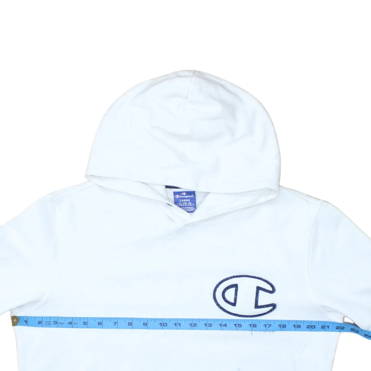 Champion White Hoodie Women’s Large Embroidered Big C Logo Navy Ribbed Hem Sweatshirt sold by Vintage Club product image thumbnail 5