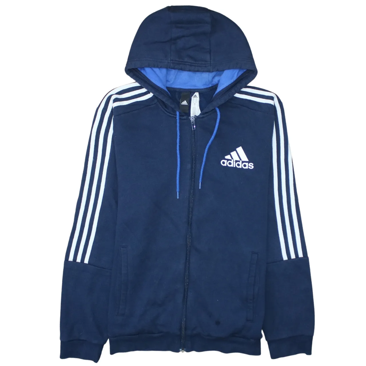 Adidas Navy Blue Zip Hoodie Men's Medium Embroidered Logo Three Stripe Sleeves Sweatshirt sold by Vintage Club