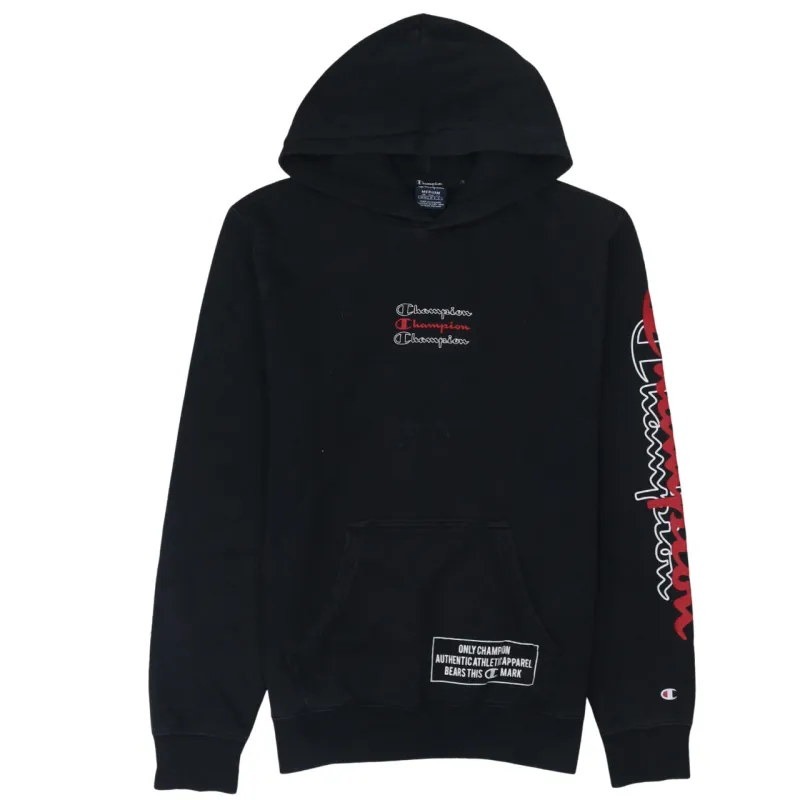 Champion Black Hoodie Women’s Medium Embroidered Chest Logo Sleeve Print Patch Pullover Sweatshirt made by Champion