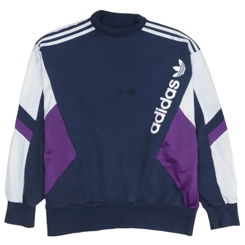 Adidas Navy Blue Sweatshirt Women's Large Trefoil Printed Logo Three Stripe Colour Block Pullover made by Adidas