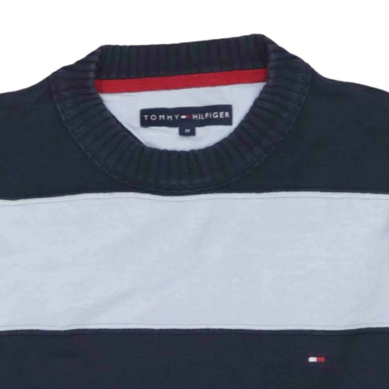 Tommy Hilfiger Navy Grey Jumper Women's Medium Striped Crewneck Small Flag Logo Sweater sold by Vintage Club product image thumbnail 3