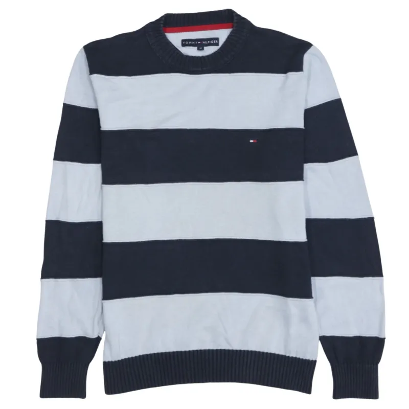 Tommy Hilfiger Navy Grey Jumper Women's Medium Striped Crewneck Small Flag Logo Sweater made by Tommy Hilfiger
