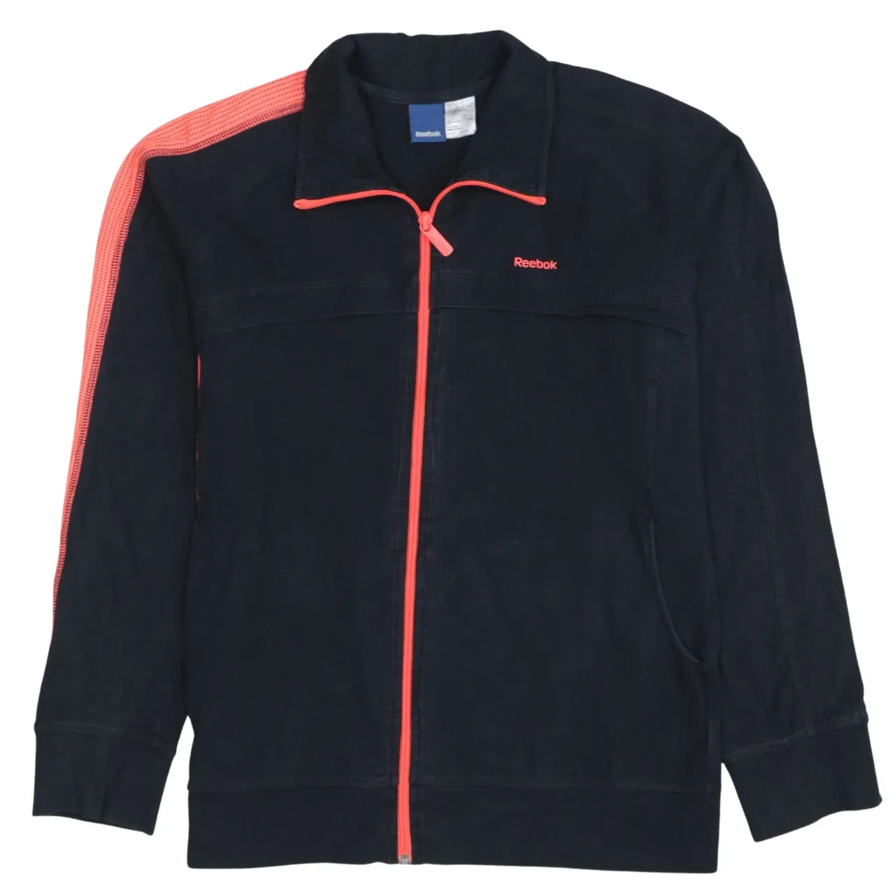 Reebok Black Track Jacket Women’s Large Coral Zip Embroidered Logo Mesh Stripe Top sold by Vintage Club
