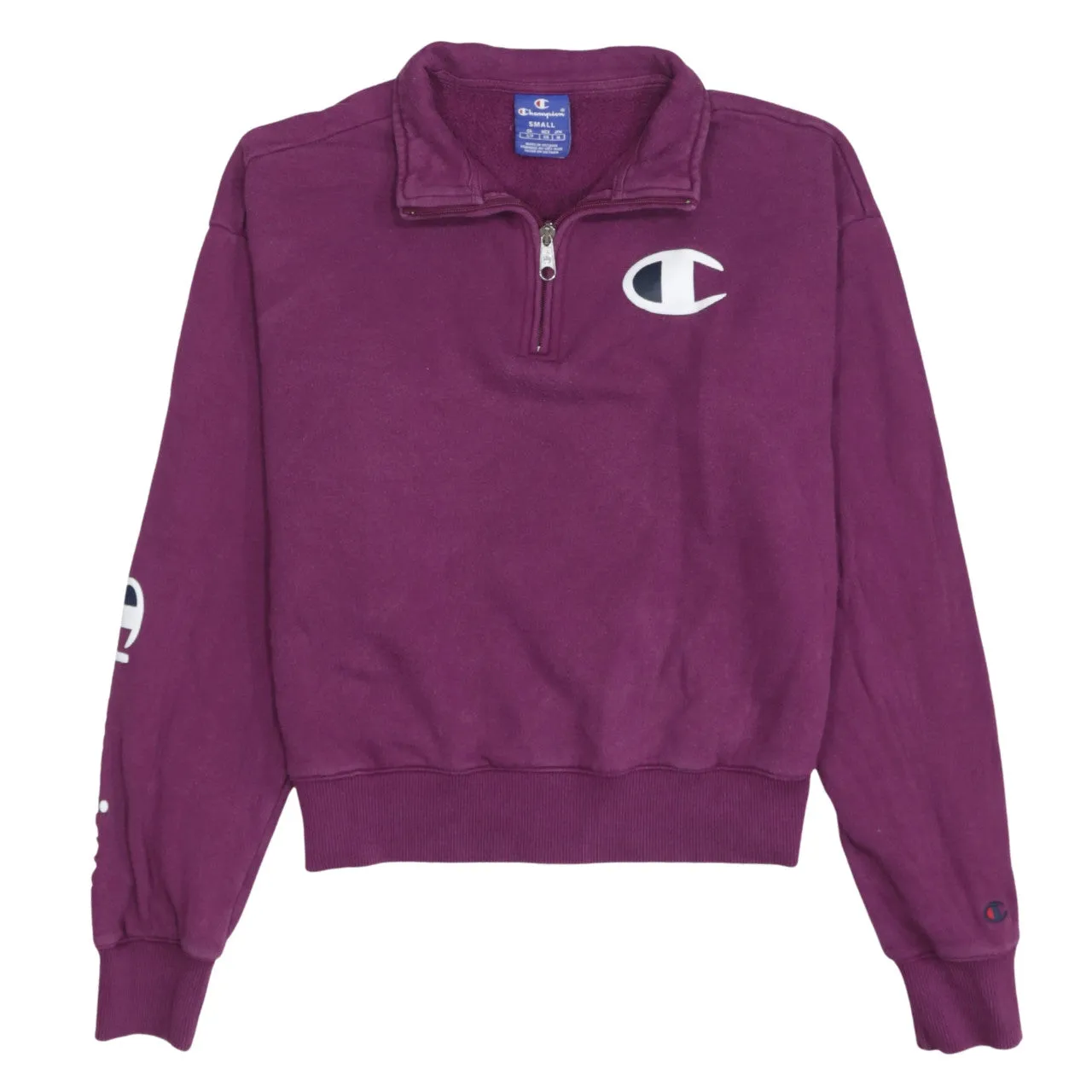 Champion Purple Quarter Zip Sweatshirt Women's Small Embroidered Logo Sleeve Print Pullover sold by Vintage Club