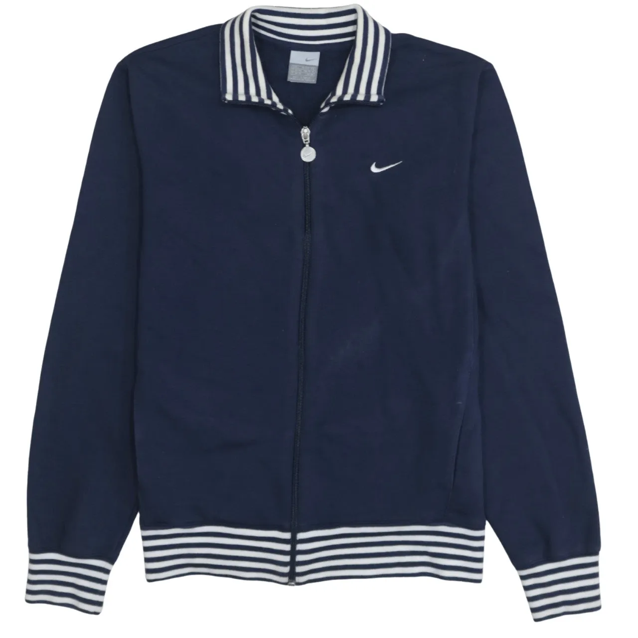 Nike Navy Blue Jacket Women’s Large Embroidered Swoosh Stripe Collar Cuffs Full Zip Top sold by Vintage Club