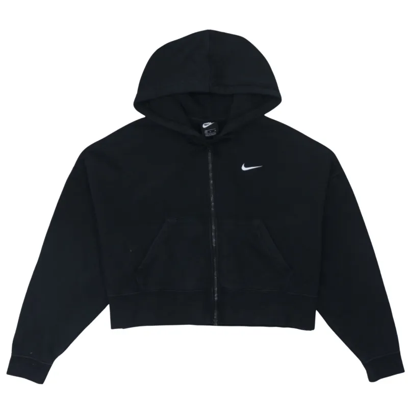 Nike Black Full Zip Hoodie Women’s Medium Embroidered Swoosh Cropped Kangaroo Pocket Sweatshirt sold by Vintage Club