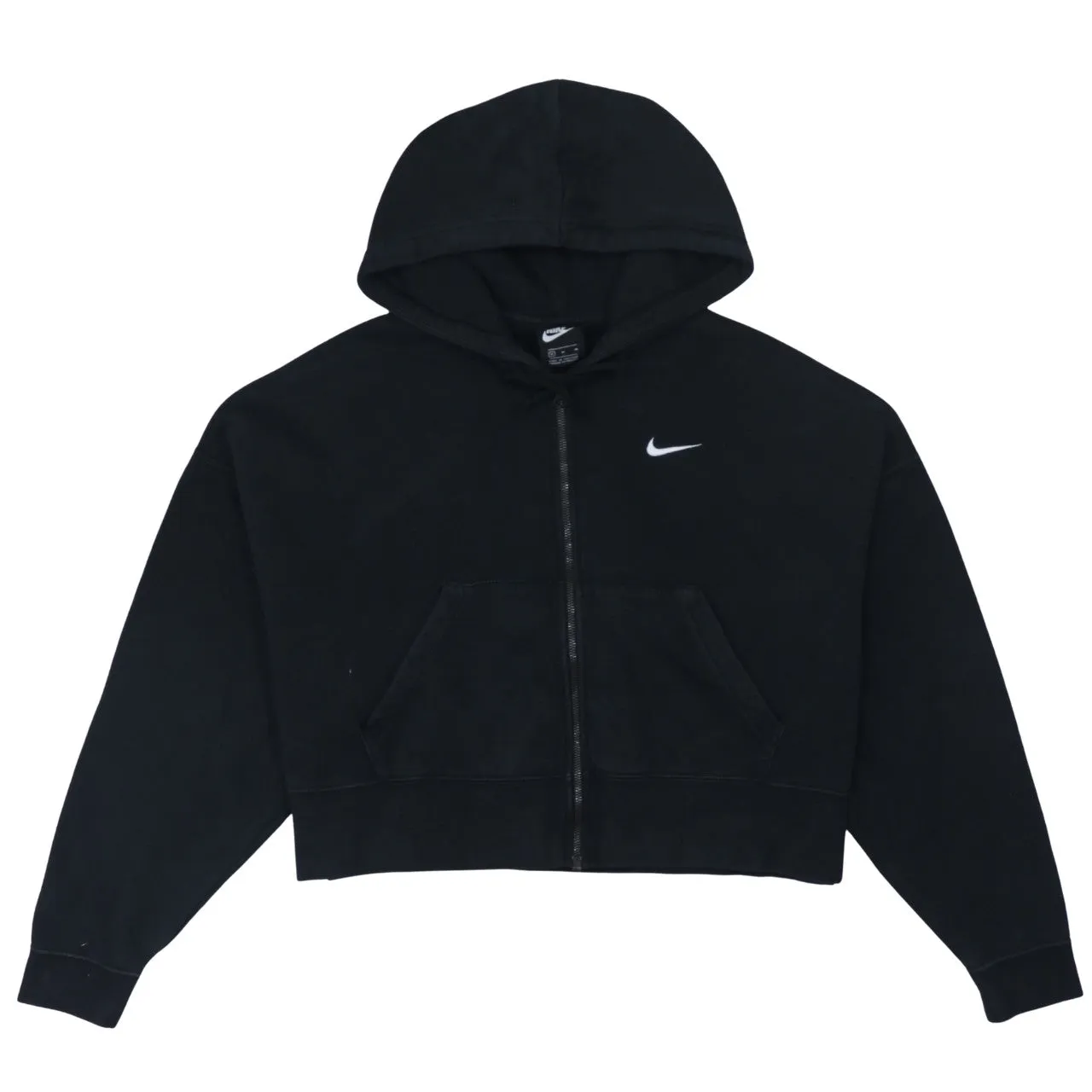 Nike Black Full Zip Hoodie Women’s Medium Embroidered Swoosh Cropped Kangaroo Pocket Sweatshirt sold by Vintage Club