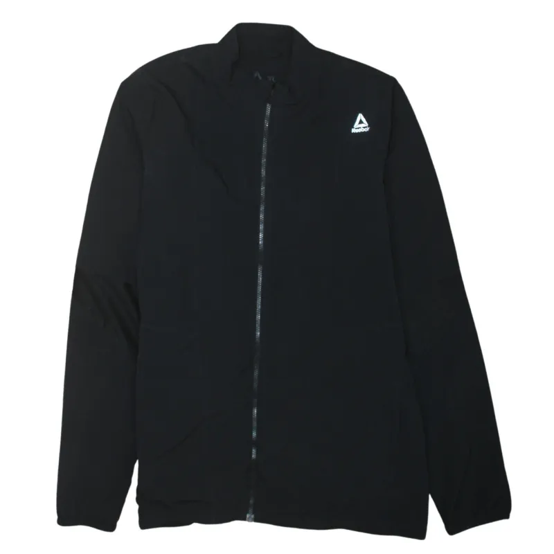 Reebok Black Windbreaker Jacket Women's XLarge Embroidered Logo Zip Front Reflective Running Outerwear sold by Vintage Club