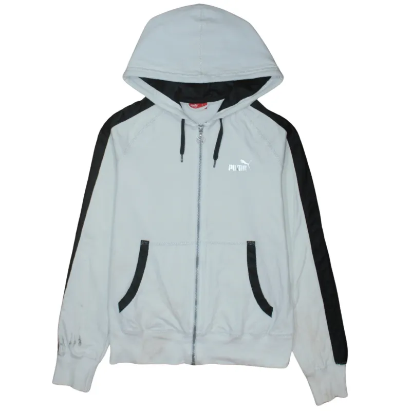 Puma Light Grey Hoodie Women’s Large Zip Front Printed Logo Contrast Sleeve Panels Sweatshirt made by Puma