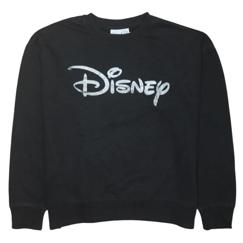 Disney Black Sweatshirt Women's Small Silver Printed Logo Crewneck Pullover Top made by Disney