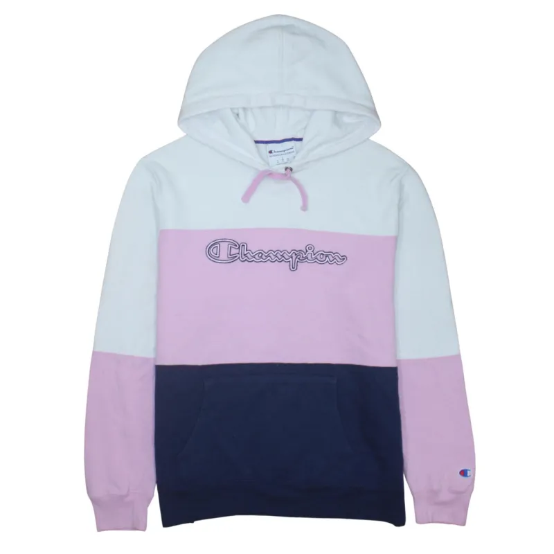Champion White Pink Navy Hoodie Women’s Large Embroidered Logo Colour Block Pullover Sweatshirt sold by Vintage Club