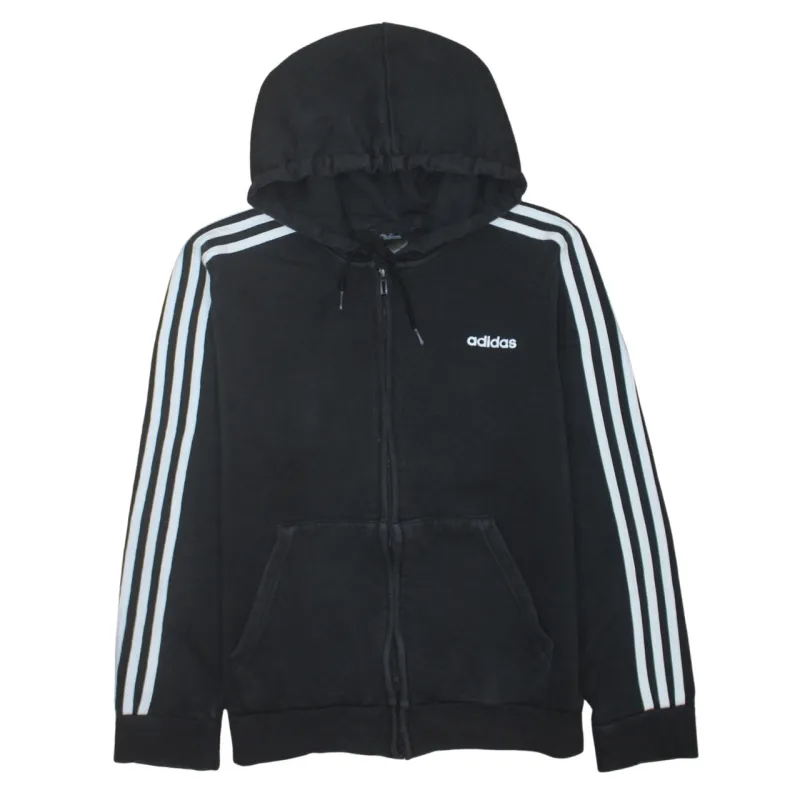 Adidas Black Zip Hoodie Women’s Large Three Stripe Sleeves Embroidered Logo Sweatshirt sold by Vintage Club