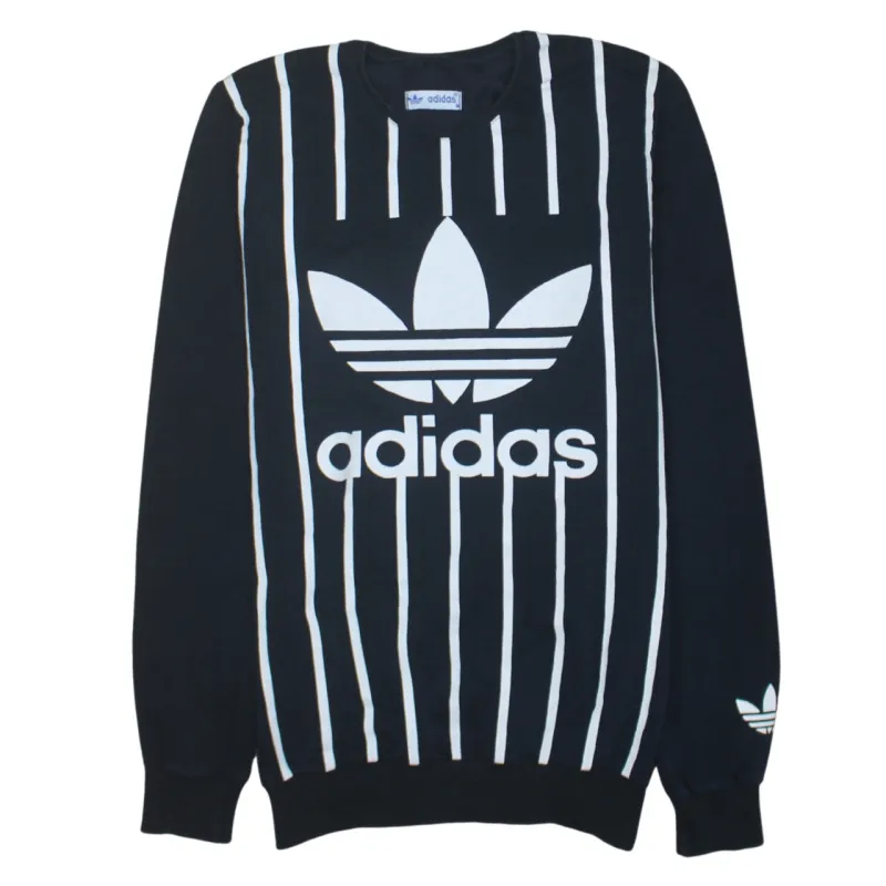 Adidas Navy Blue Sweatshirt Women’s Medium Printed Trefoil Logo Vertical Stripe Pullover Top made by Adidas