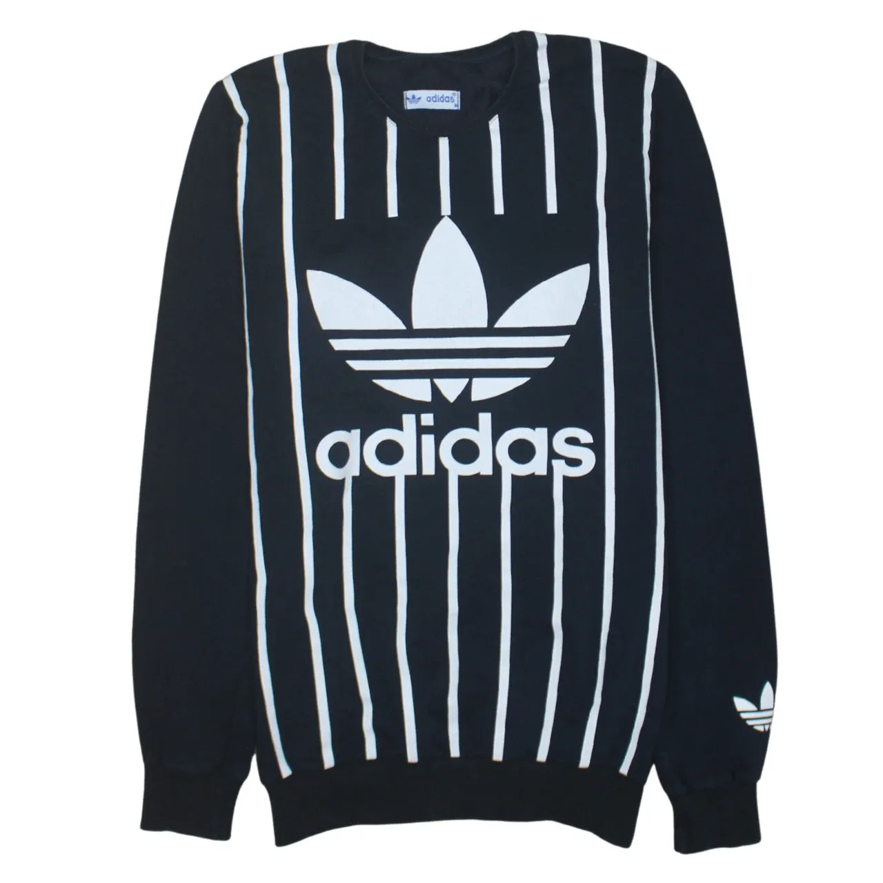 Adidas Navy Blue Sweatshirt Women’s Medium Printed Trefoil Logo Vertical Stripe Pullover Top sold by Vintage Club