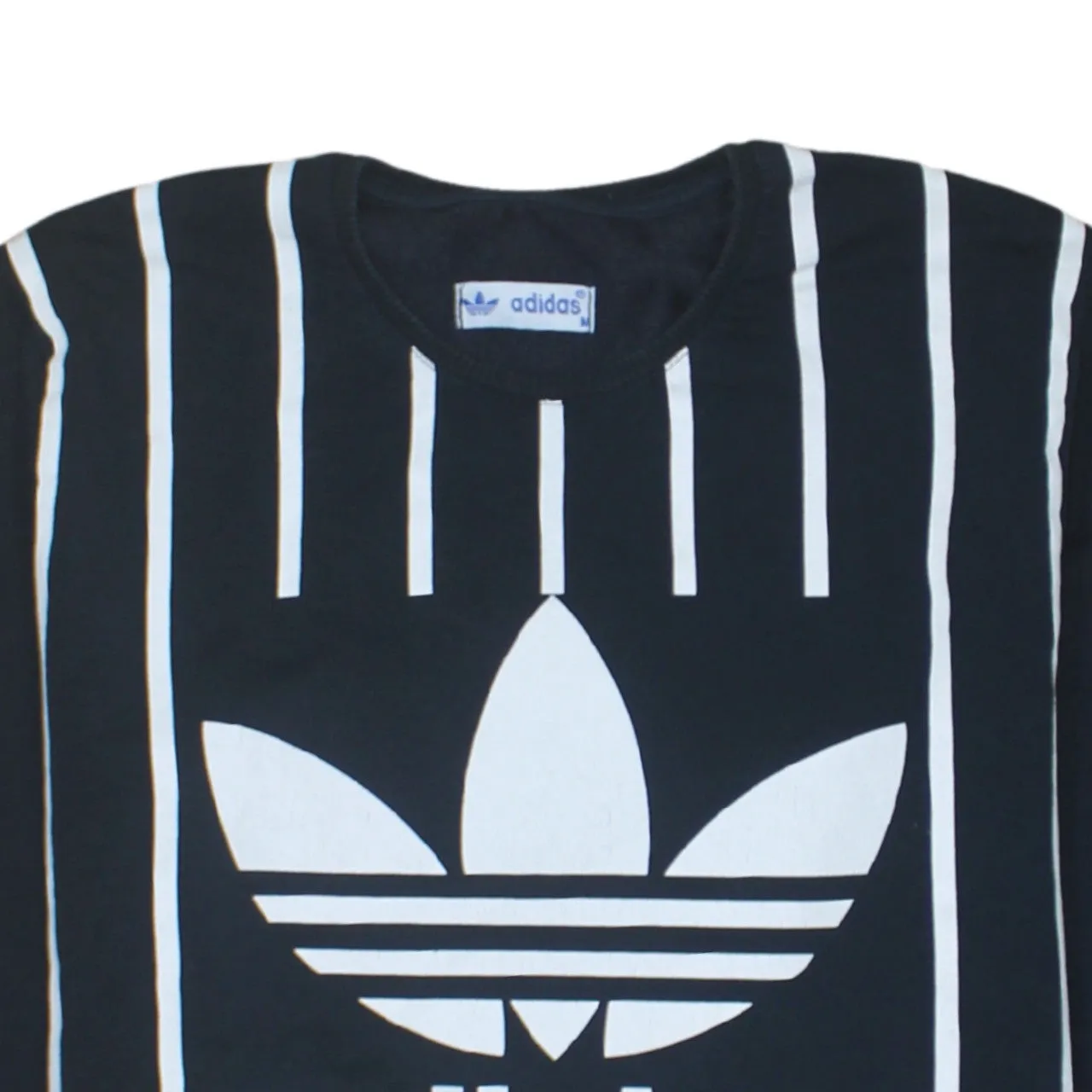 Adidas Navy Blue Sweatshirt Women’s Medium Printed Trefoil Logo Vertical Stripe Pullover Top sold by Vintage Club product image thumbnail 3