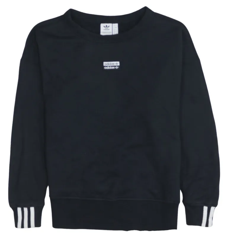 Adidas Black Sweatshirt Women's Large Embroidered Trefoil Logo Cuff Stripes Pullover Top sold by Vintage Club