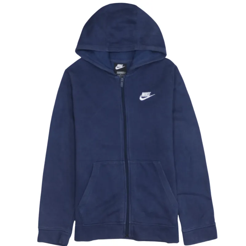 Nike Navy Blue Full Zip Hoodie Women’s Large Printed Swoosh Logo Split Pocket Sweatshirt sold by Vintage Club
