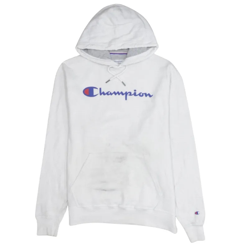 Champion White Hoodie Men’s Large Printed Script Logo Front Pocket Pullover Sweatshirt made by Champion
