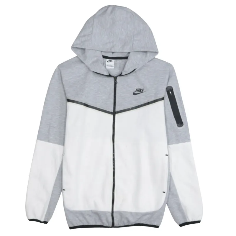 Nike Grey White Hoodie Men's Medium Full Zip Arm Pocket Printed Logo Sweatshirt Top made by Nike