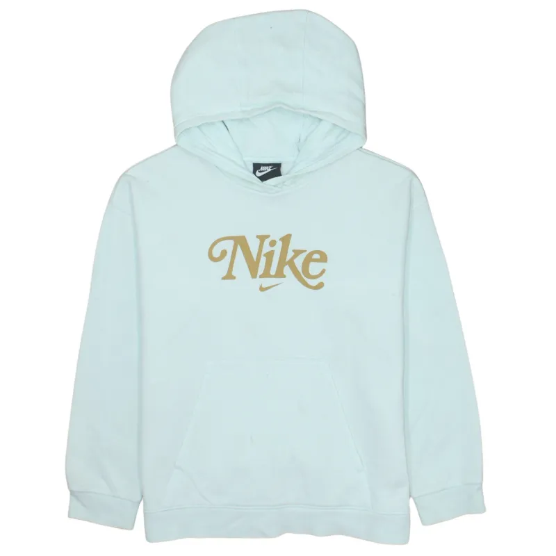 Nike Light Blue Hoodie Women's Large Printed Logo Front Pocket Pullover Sweatshirt made by Nike