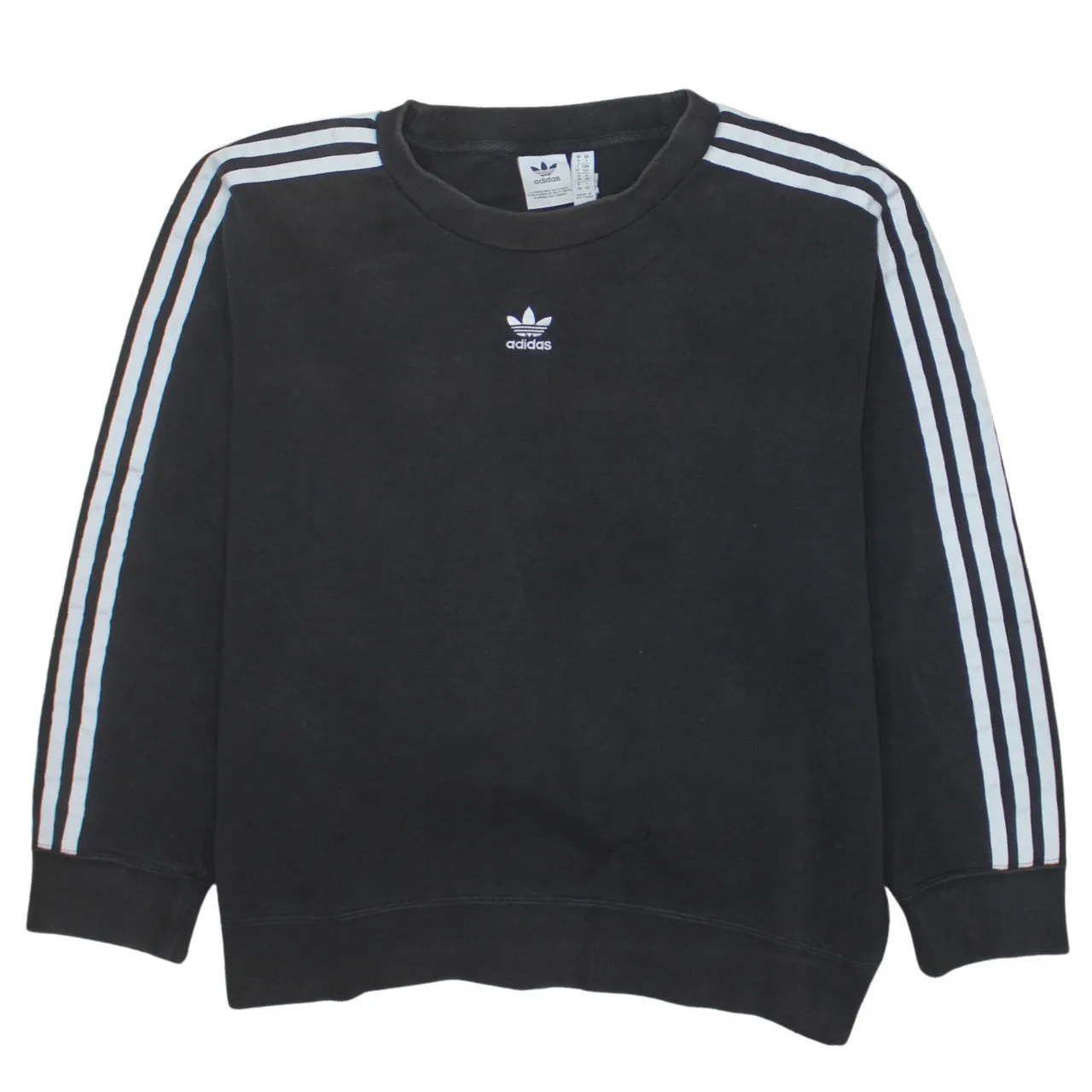 Adidas Black Sweatshirt Women’s Small Embroidered Trefoil Logo Three Stripe Sleeve Pullover Top sold by Vintage Club