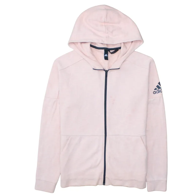 Adidas Light Pink Zip Hoodie Men's Medium Printed Sleeve Logo Split Pockets Sweatshirt made by Adidas