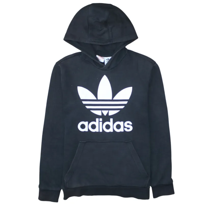 Adidas Black Hoodie Women’s Large Trefoil Printed Logo Front Pouch Pullover Sweatshirt sold by Vintage Club