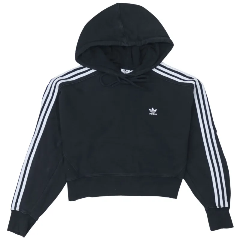 Adidas Black Hoodie Women's Large Three Stripe Sleeves Embroidered Trefoil Cropped Sweatshirt sold by Vintage Club