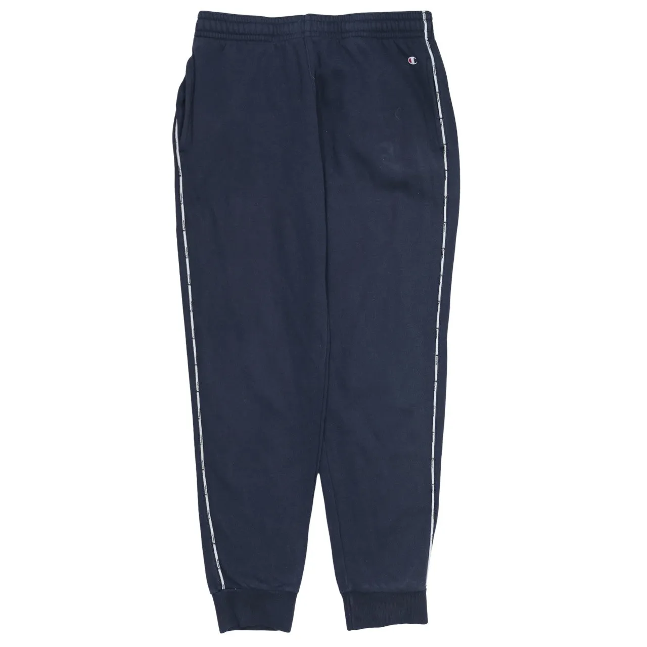 Champion Navy Blue Joggers Men’s Medium Printed Logo Cuffed Hem Side Tape Sweatpants sold by Vintage Club