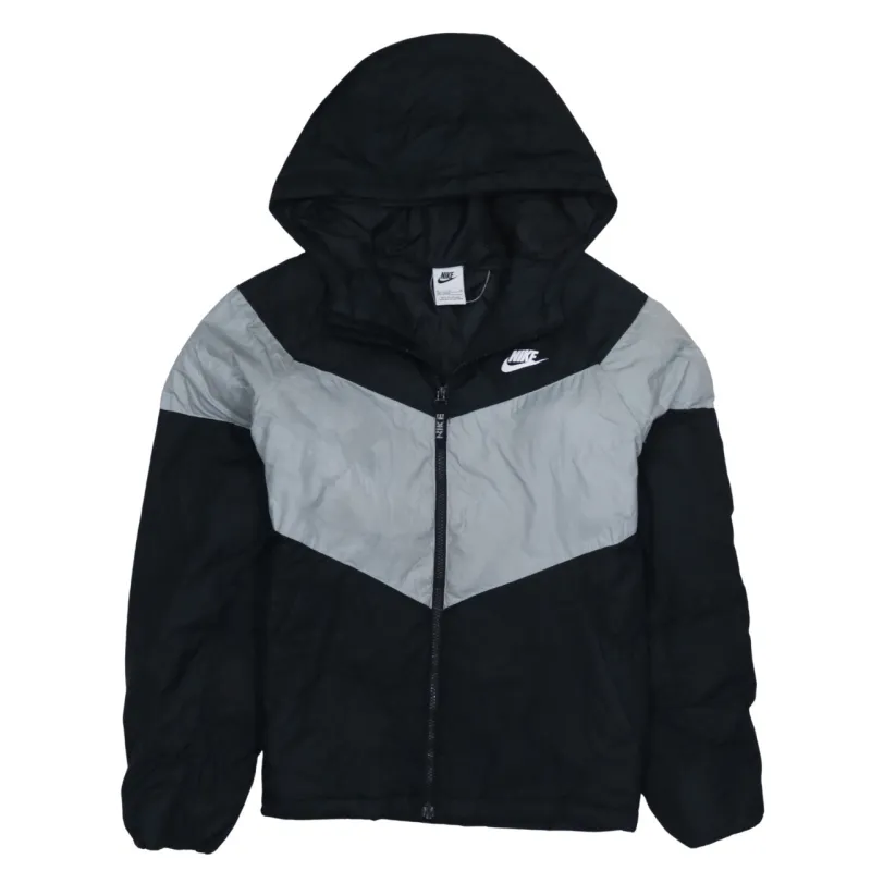 Nike Black Grey Hooded Jacket Women's XLarge Full Zip Chevron Panel Embroidered Logo Windbreaker sold by Vintage Club