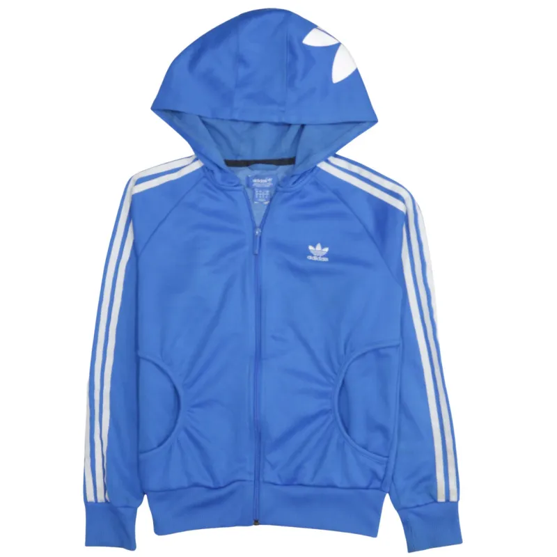 Adidas Blue Zip Hoodie Women’s Small Trefoil Logo Three Stripe Sleeves Track Top sold by Vintage Club