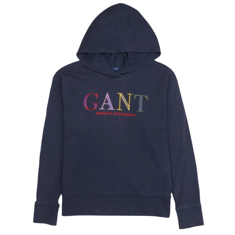 GANT Navy Blue Hoodie Men's Small Multicolour Embroidered Logo Pullover Sweatshirt made by Gant