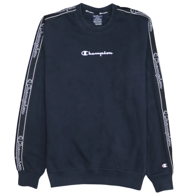 Champion Navy Blue Sweatshirt Men's Small Embroidered Chest Logo Branded Tape Sleeves Pullover made by Champion