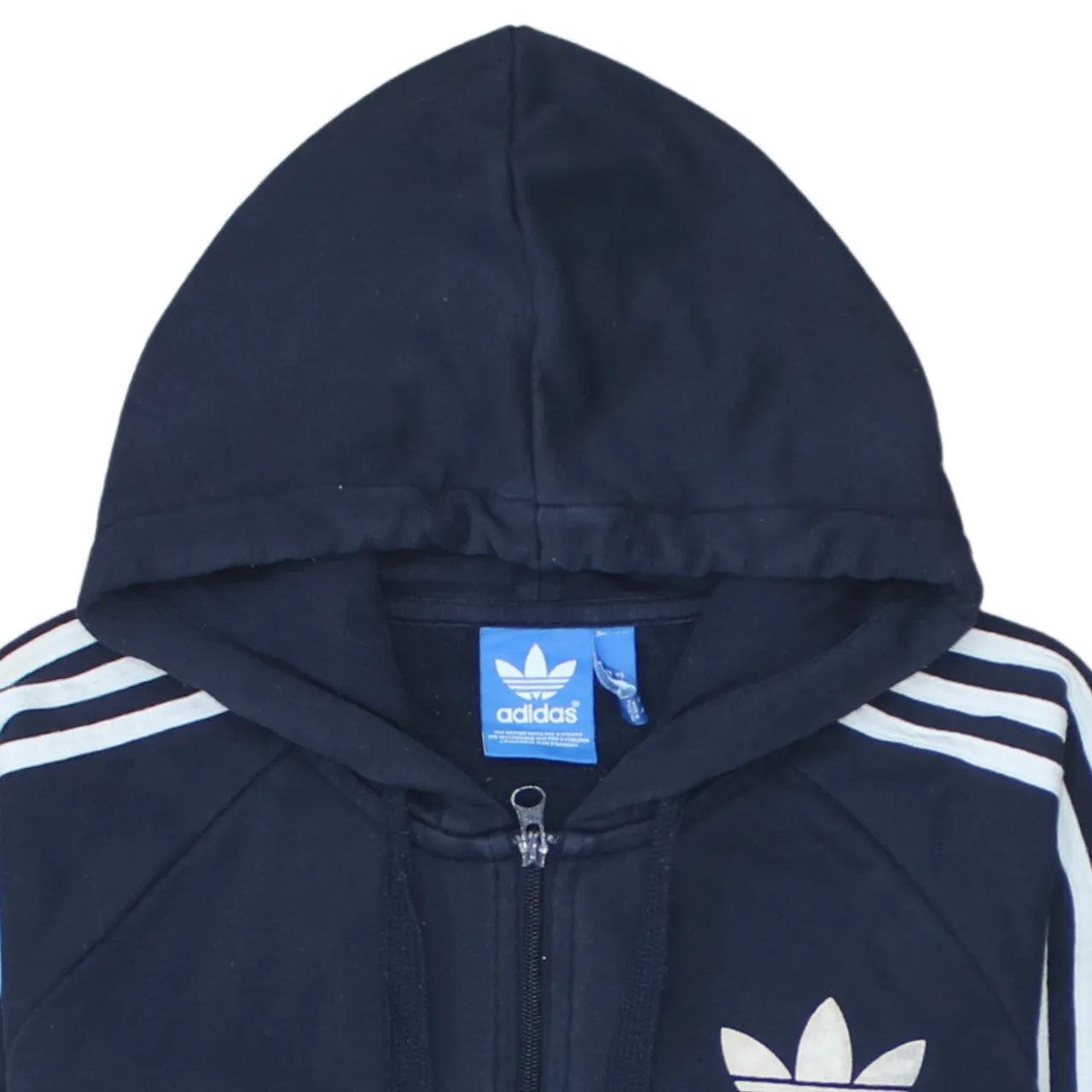 Adidas Navy Blue Hoodie Men's Small Full Zip Three Stripe Sleeves Printed Trefoil Sweatshirt sold by Vintage Club product image thumbnail 3