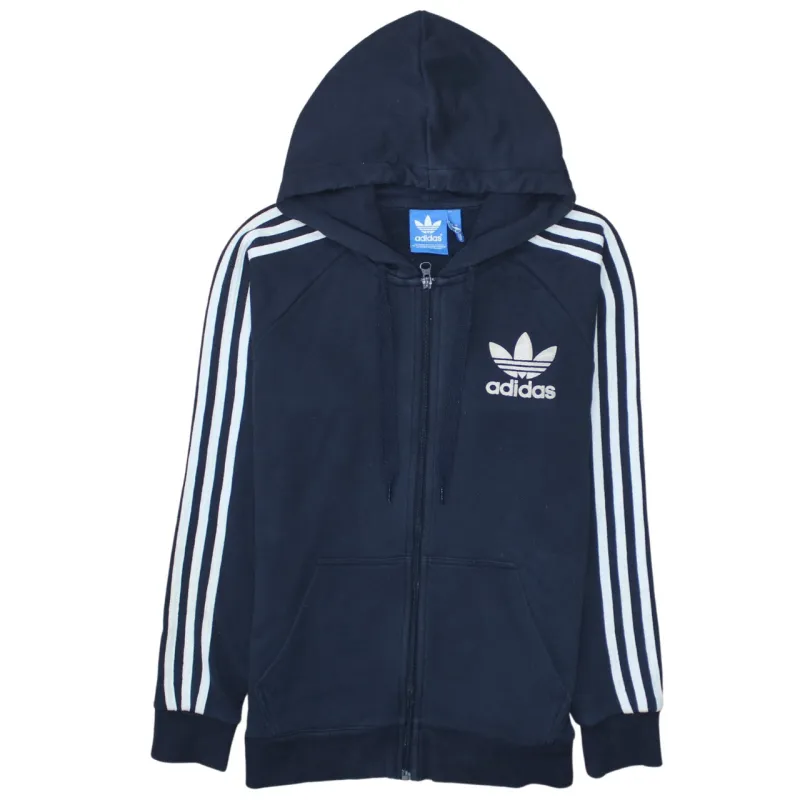 Adidas Navy Blue Hoodie Men's Small Full Zip Three Stripe Sleeves Printed Trefoil Sweatshirt sold by Vintage Club