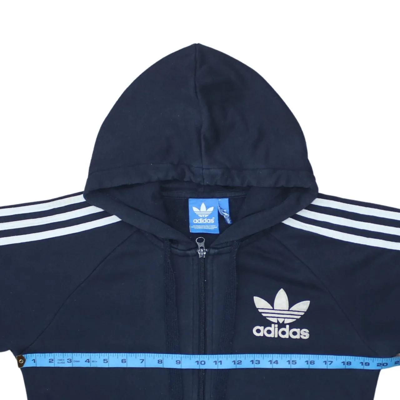Adidas Navy Blue Hoodie Men's Small Full Zip Three Stripe Sleeves Printed Trefoil Sweatshirt sold by Vintage Club product image thumbnail 5