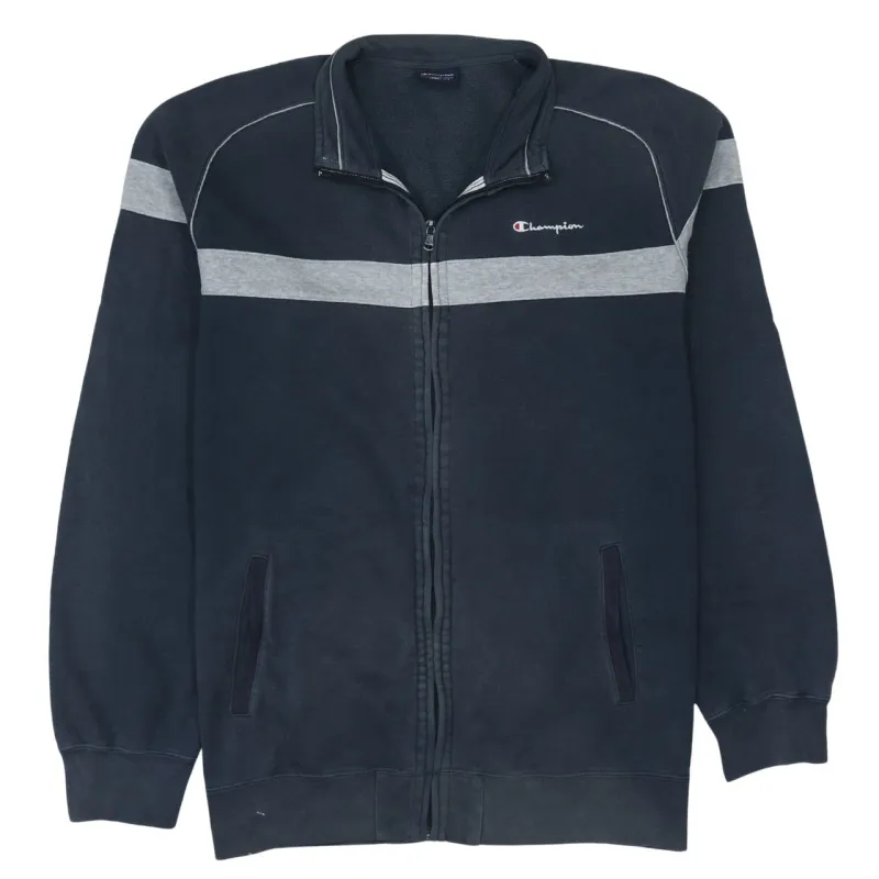 Champion Navy Blue Full Zip Sweatshirt Men's XXLarge Grey Stripe Embroidered Logo Track Top made by Vintage Club