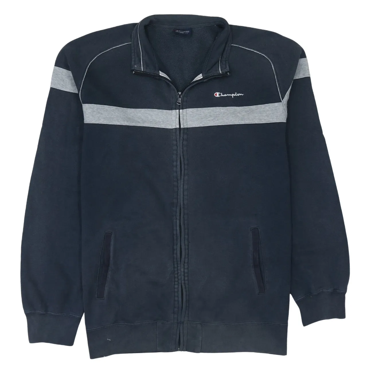 Champion Navy Blue Full Zip Sweatshirt Men's XXLarge Grey Stripe Embroidered Logo Track Top sold by Vintage Club