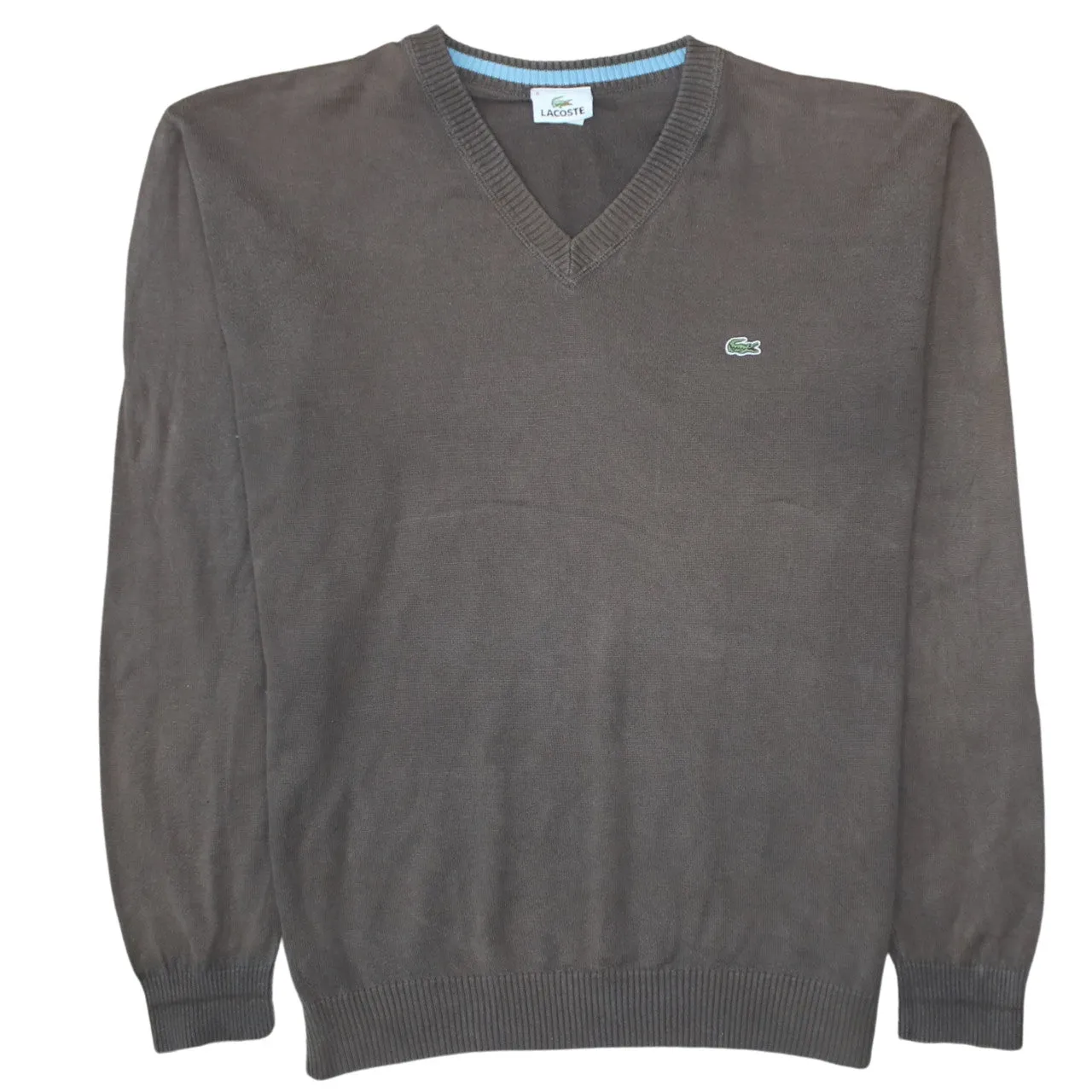 Lacoste Brown V Neck Jumper Men’s XXLarge Embroidered Croc Logo Knit Sweater Pullover sold by Vintage Club