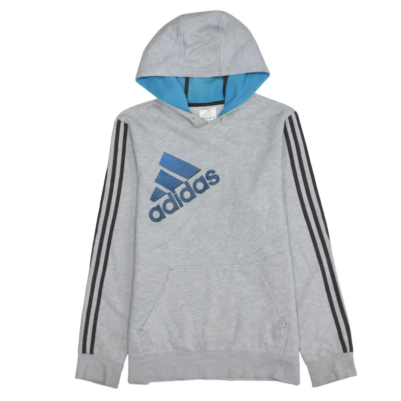 Adidas Grey Hoodie Men's Medium Blue Logo Three Stripe Sleeves Pullover Sweatshirt sold by Vintage Club