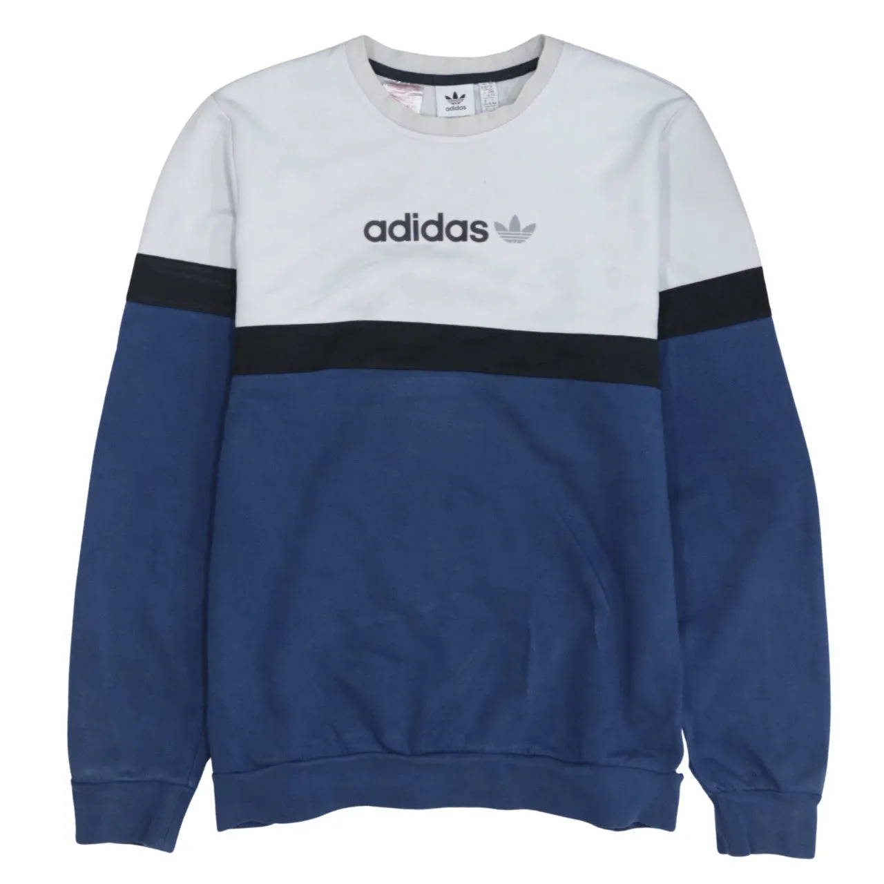 Adidas White Navy Sweatshirt Women's XLarge Printed Logo Colour Block Crewneck Pullover Top sold by Vintage Club