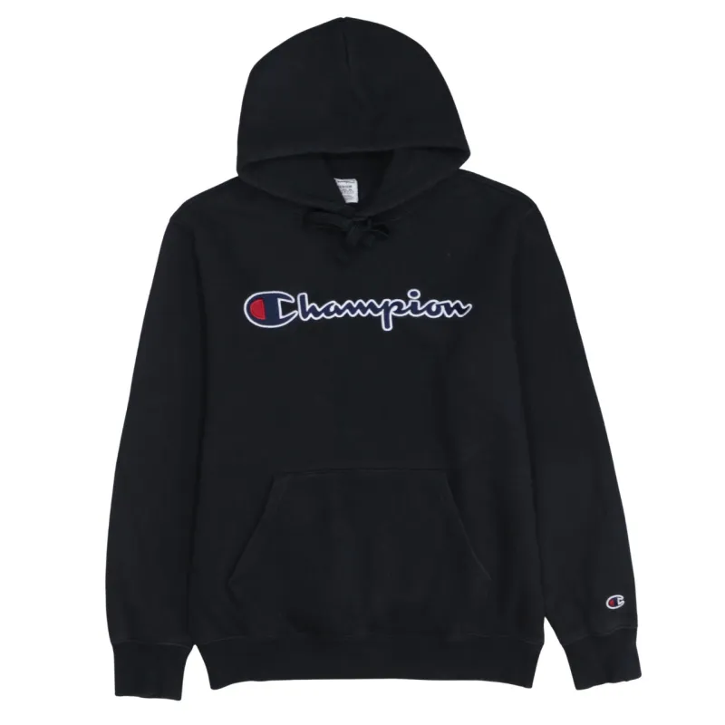 Champion Black Hoodie Men's Medium Embroidered Script Logo Front Pocket Pullover Sweatshirt made by Champion