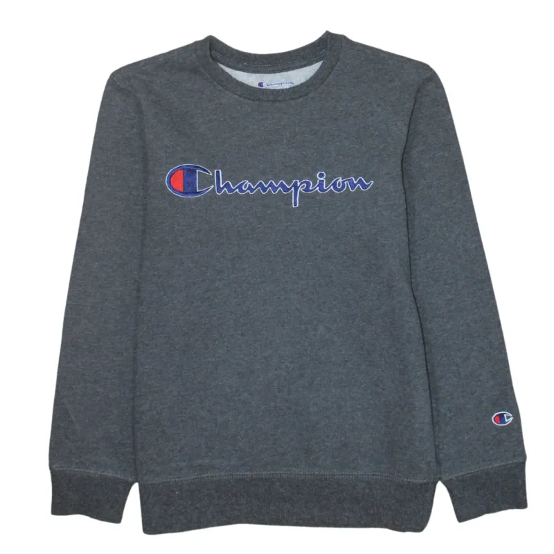 Champion Dark Grey Sweatshirt Women's Medium Embroidered Script Logo Crewneck Pullover Fleece Top sold by Vintage Club