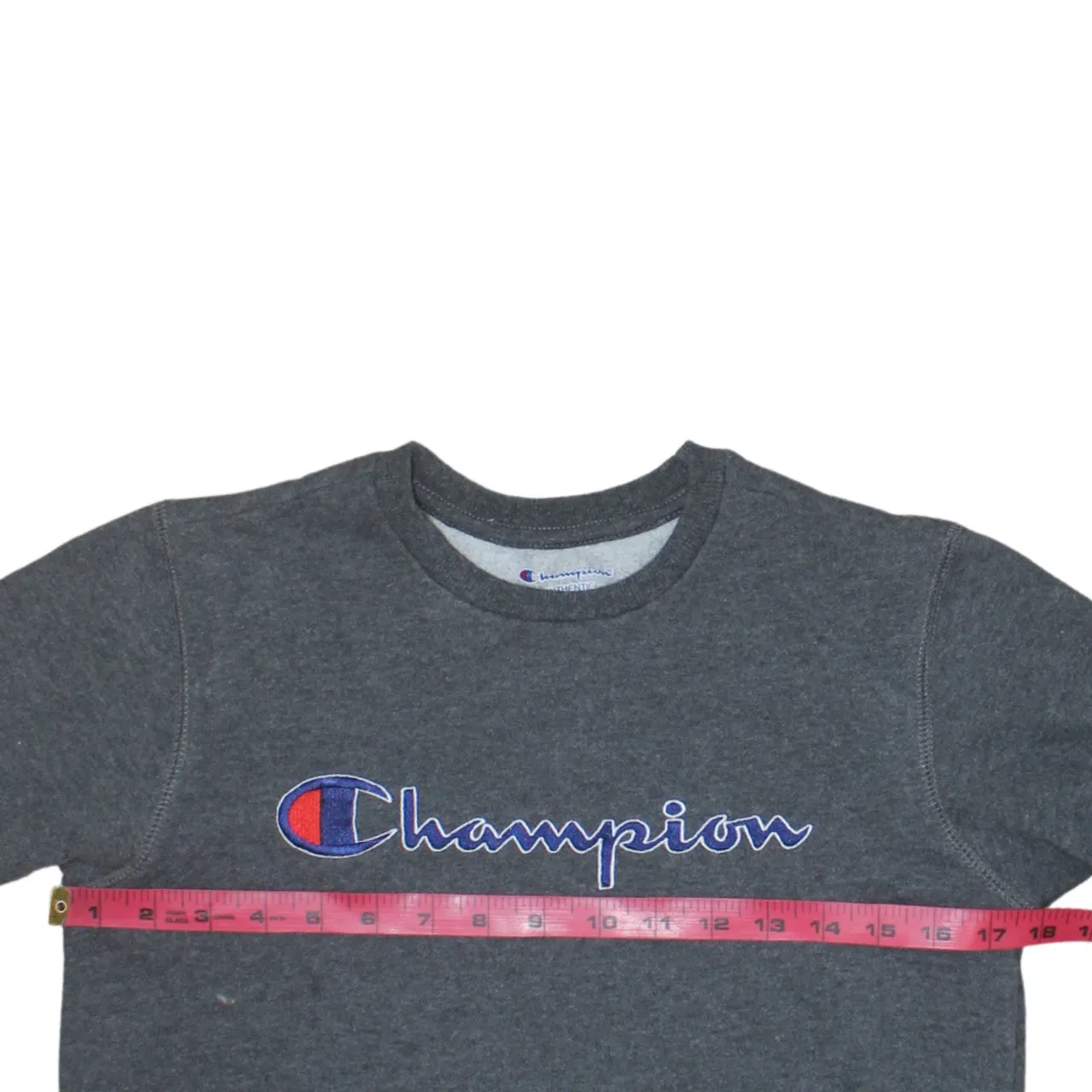Champion Dark Grey Sweatshirt Women's Medium Embroidered Script Logo Crewneck Pullover Fleece Top sold by Vintage Club product image thumbnail 5