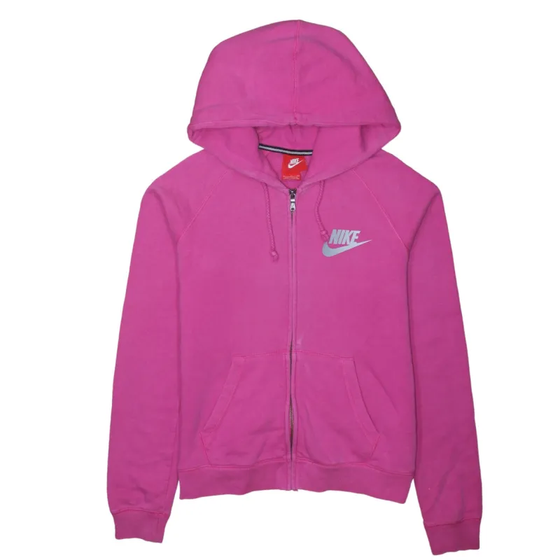 Nike Pink Zip Hoodie Women’s Small Printed Swoosh Logo Drawstring Hood Pocket Sweatshirt sold by Vintage Club