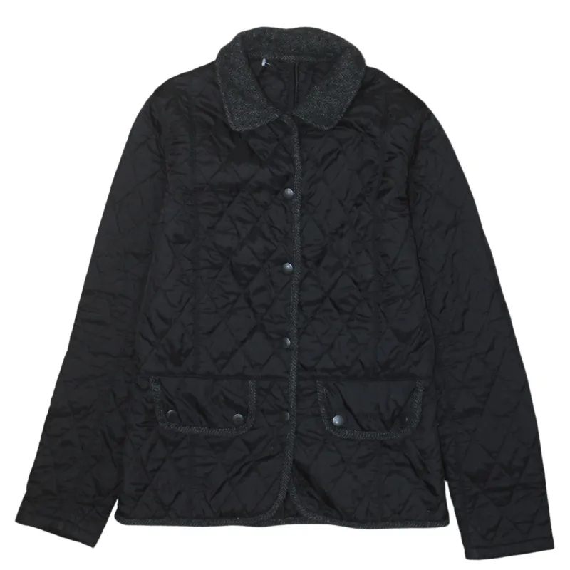 Barbour Black Quilted Jacket Women's Small Wool Collar Snap Pockets Lightweight Windbreaker made by Barbour