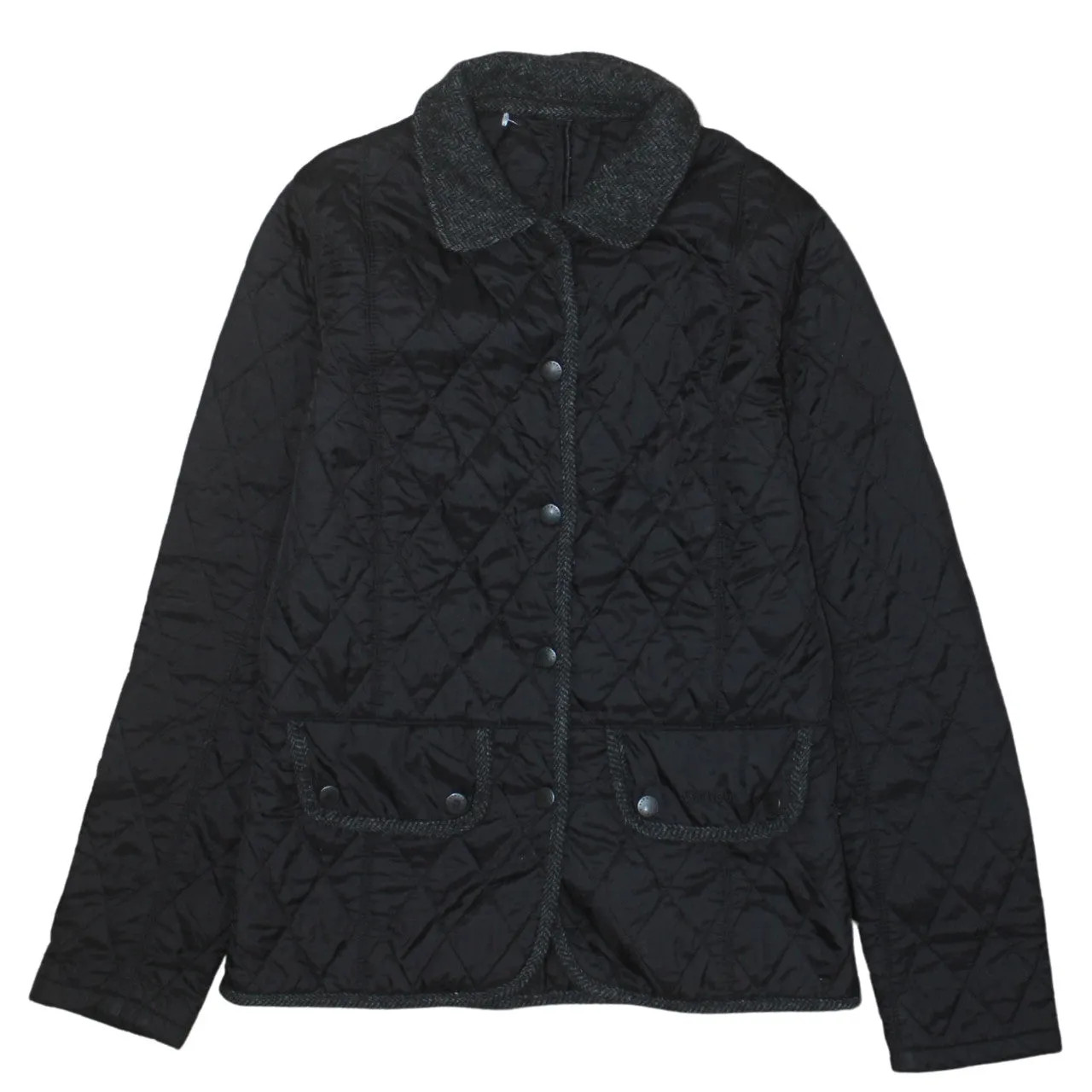 Barbour Black Quilted Jacket Women's Small Wool Collar Snap Pockets Lightweight Windbreaker sold by Vintage Club