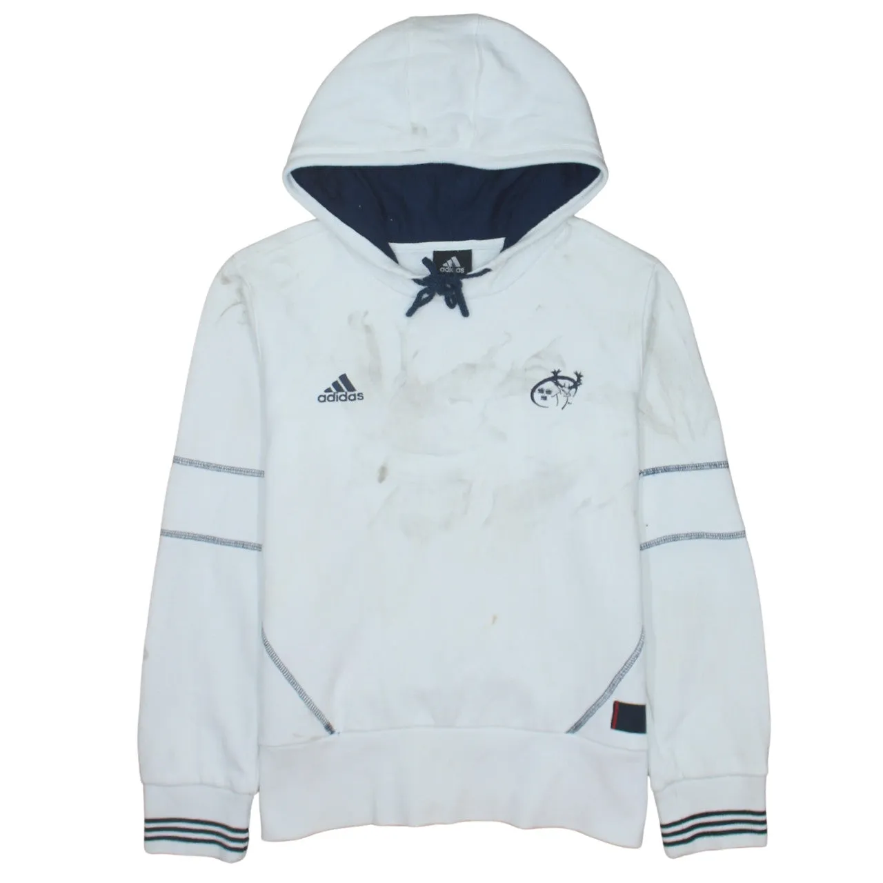 Adidas White Hoodie Women’s Medium Embroidered Logos Contrast Hood Striped Cuffs Sweatshirt sold by Vintage Club
