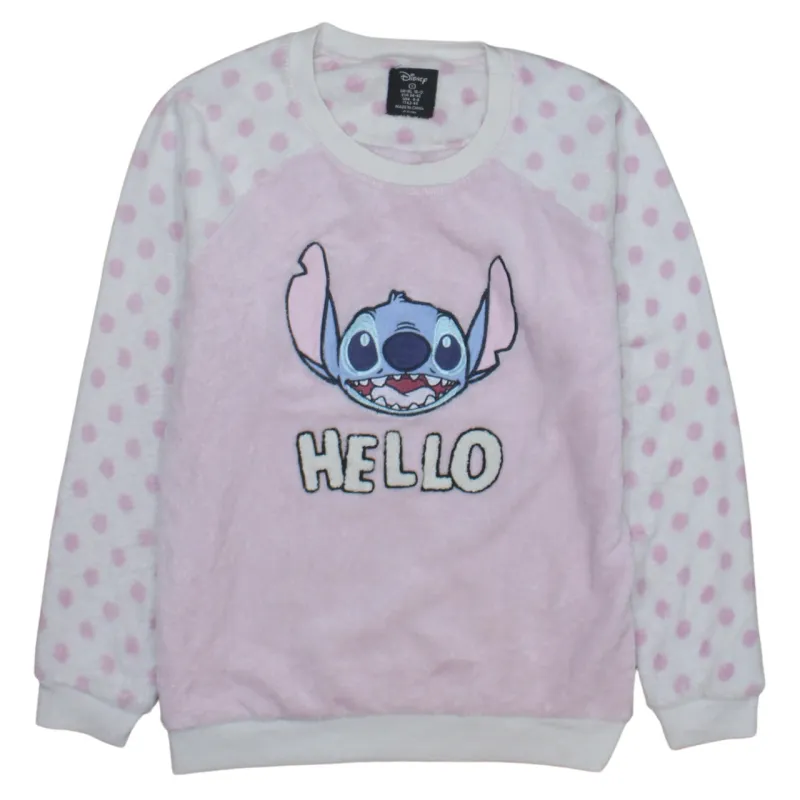 Disney Pink Stitch Hello Sweatshirt Women’s Medium Fleece Polka Dot Lounge Top sold by Vintage Club