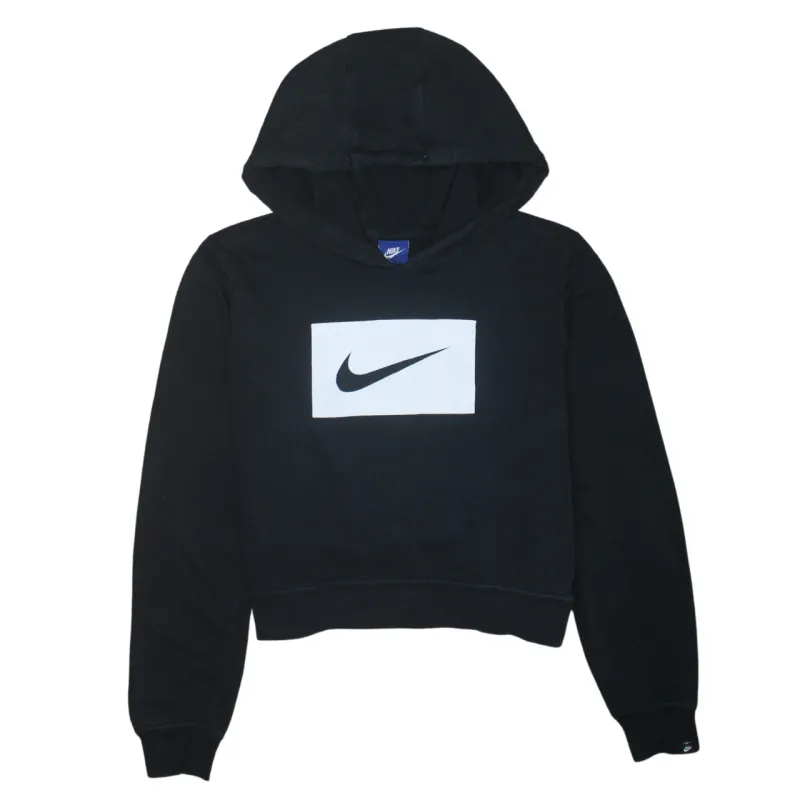 Nike Black Hoodie Women’s Large Printed Swoosh Logo Cropped Pullover Sweatshirt Top sold by Vintage Club